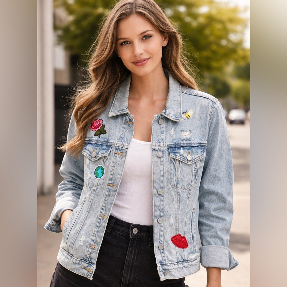 Light Wash Distressed Denim Jacket Customized with Embroidered Patches